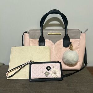 Betsey Johnson Elegant Pink, Grey and Black Handbag Set